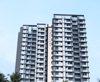 Shows the front side of the building